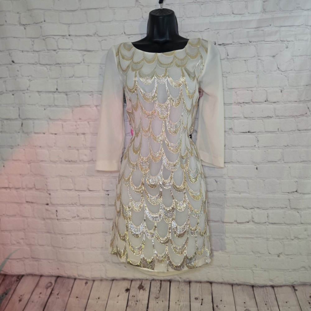Under Skies Dress Art Deco Scalloped Size Small Gatsby Style Ivory Gold Metalic